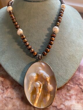 Mother of Pearl Shell Pendant  Necklace Freshwater Pearls Bronze Pearl Beads